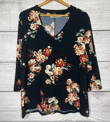 Liberty Love Floral V-Neck Cut Out Black Long Sleeve Top Size 1X