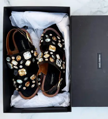 Dolce & Gabbana women’s jeweled satin flat sandal size IT 37.5 US 7.5