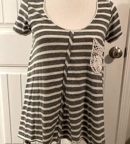 Sloane Rouge striped asymmetrical short sleeve with lace pocket detail Gray