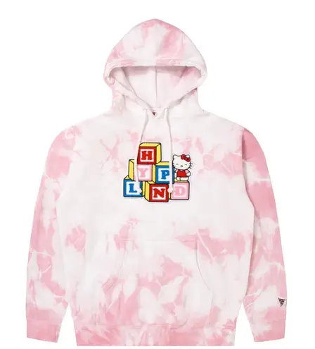 Sanrio Hypeland HELLO KITTY BLOCKS CHENILLE HOODIE tie dye size small sweatshirt - Image 1