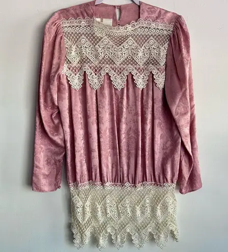 Jessica McClintock Vintage 80s Jessica McClintock Lord & Taylor Pink 100% Silk And Lace Top Size 6