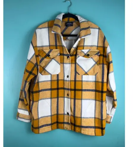 Women's HFX Oversized Plaid Flannel Shacket Jacket Mustard Yellow White Navy Gold