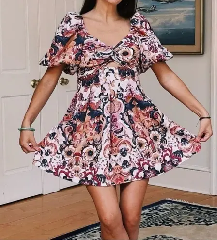 House of Harlow 1960 Puff Sleeve Mini Dress Linen Floral Size 2 Garden Party