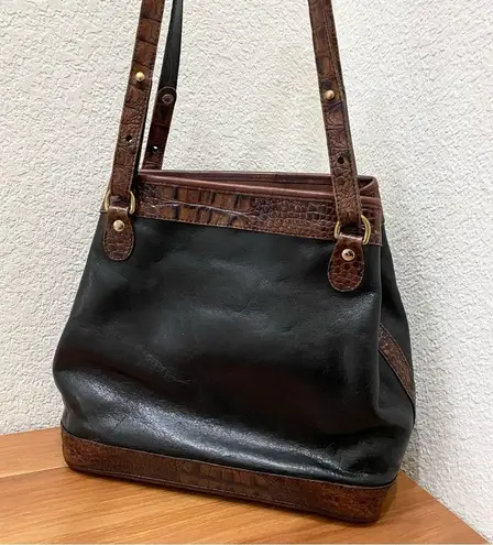 Brahmin Vintage Tuscan Black Leather Brown Croc Leather Trims Bucket Bag