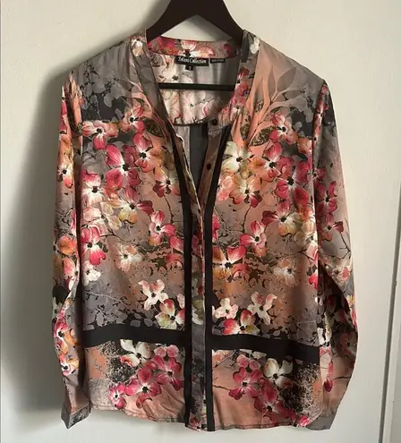 Tolani Collection of India Charming Floral Long Roll Up Sleeve Button Up Blouse Pink