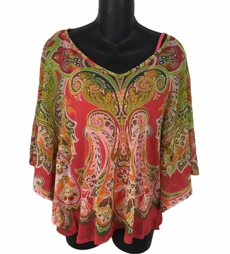 INC sheer nylon bat wing red green top w/ cami S Red