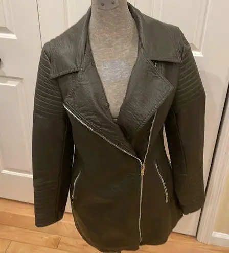 Love Token olive green vegan leather with faux fur removable collar moto jacket Size M