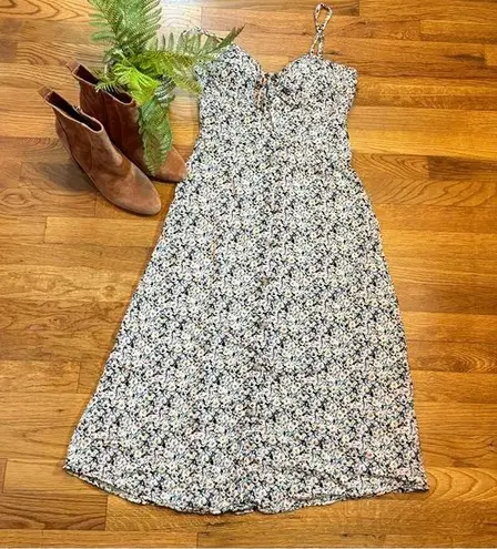 AUW Womens Large Black Yellow Floral Retro Tie Front Smocked Midi Dress Spring