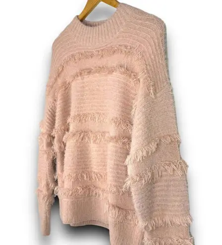 Very J Pink Shaggy Fringe Knit Sweater Mock Neck Drop Shoulders Boxy Size Small