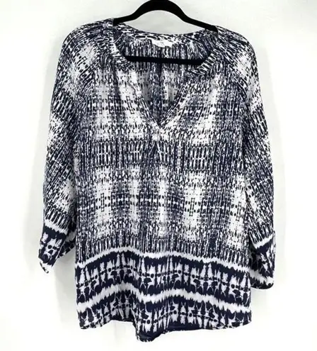 Beach Lunch Lounge flowy notch neck blouse size XL abstract bohemian White blue