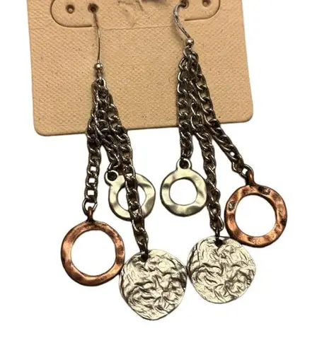 NWT Sonoma Dangly Copper Medallion Chain Hoop Earrings Silver