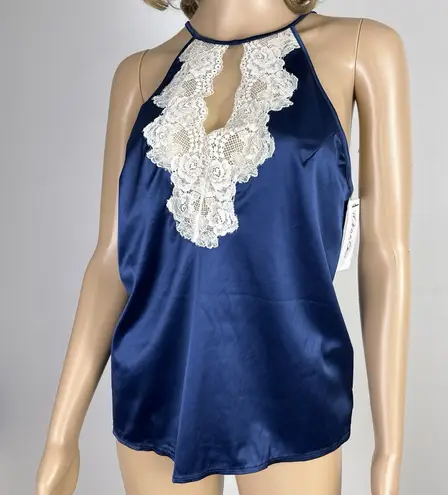 Oh La La Cheri Satin Camisole Cream Lace Flutter Open Back Halter Large New NWT Blue thumbnail 1