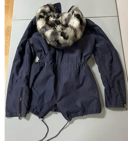 Forever 21 Navy Blue Faux Fur Drawstring Fitted Winter Coat Ski Jacket Size M 💙🖤🤍