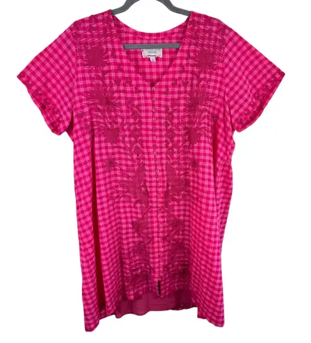 Johnny Was Devere Breezy Pink Gingham Short Sleeve Button Up Lined Mini Dress XL - Image 1