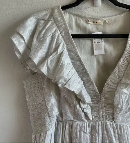 Roller Rabbit Dress Silvery White Lurex Ondine Dress in Sz L NWT Midi V Neck