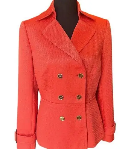 Tahari ASL Double Breasted Blazer w/ Belted Cuffs & Gold Buttons Orange Red SZ.4