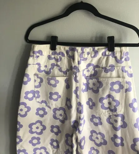 SheIn Purple Floral White Denim High Waisted Pants Size L