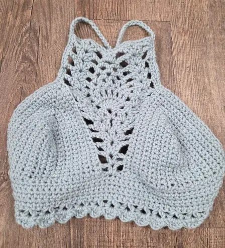 Handmade Crochet Women's Small Bralette Halter Cross Tie Back Top Blue/Gray