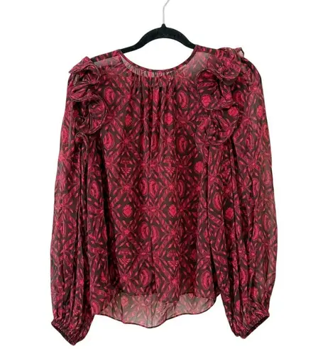 Ulla Johnson Medine Red Patterned Ruffle Silk Blouse US 6