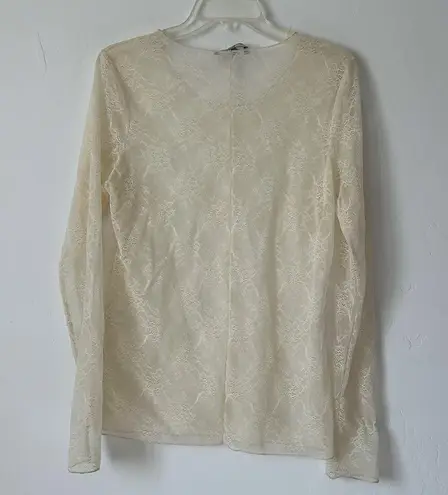 BKE Sheer Lace Floral Long Sleeve Top Cream Size Large