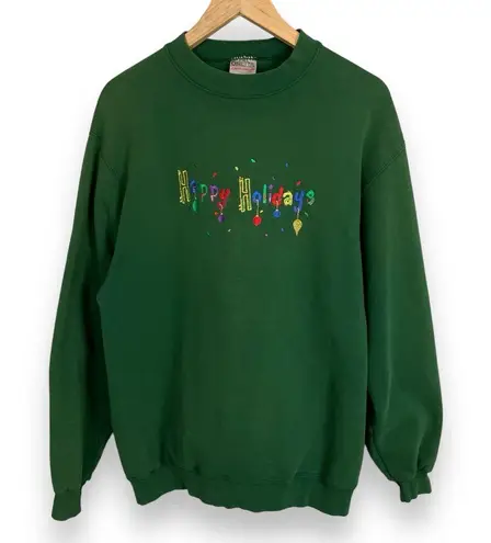 Vintage Christmas Sweatshirt Embroidered Holiday Ugly Sweater Unisex Large Green