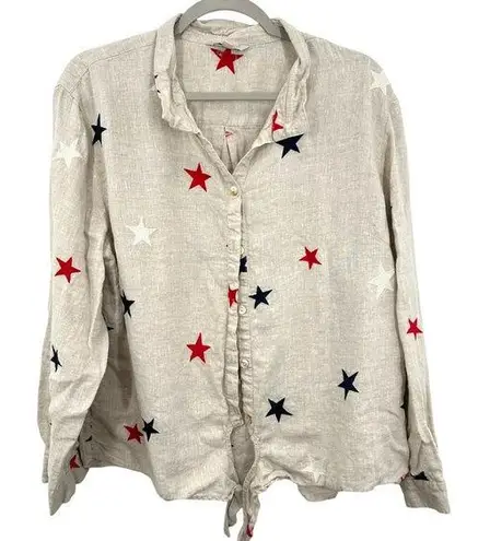 John Mark Embroidered Star Button Down Top Beige Red Navy Womens XL Patriotic Tan