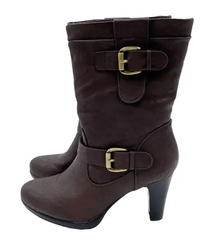 Rialto Padova Mid-Calf Heeled Boots Dark Brown Gold Buckle Women's Size 8.5