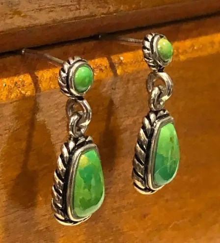 Sterling Silver BARSE Green Turquoise Rope Framed Pierced Drop Dangle Earrings