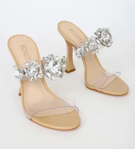 Schutz Laureen Light Nude Vinyl and Rhinestone High Heel Sandals