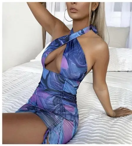 THATS SO FETCH Swiss Marble Mini Ruched Halter Bodycon Dress Sexy Club Dance 8