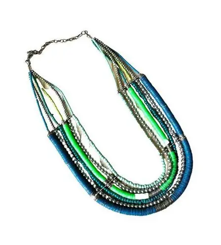 Vintage Blue  and Green Multi Strand Necklace, Teal Bead Six Strand Necklace