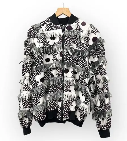 Vintage Paula Sweet Fringe Ruffle Flower Print Black White Bomber Jacket Size L