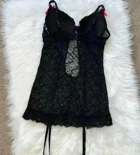 Dreamgirl Lingerie Y2K Black Floral Lace Babydoll Dress Medium Garters Neon Pink