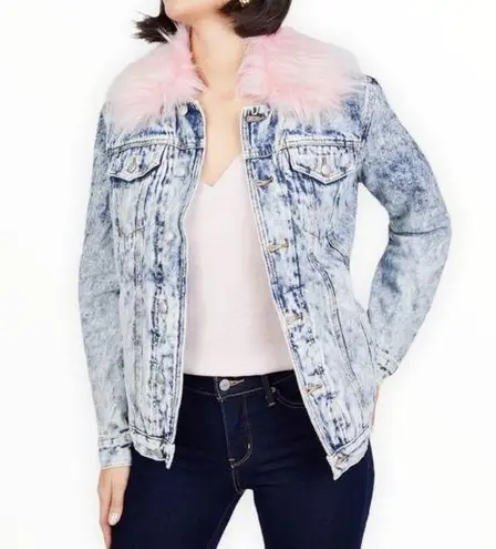 Juicy Couture  Black Label Pink Fur Collar Acid Wash Denim Sherpa Lined Jacket