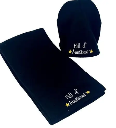 Winter Hat Beanie and Scarf Set Knit Black “Full of Awesome”