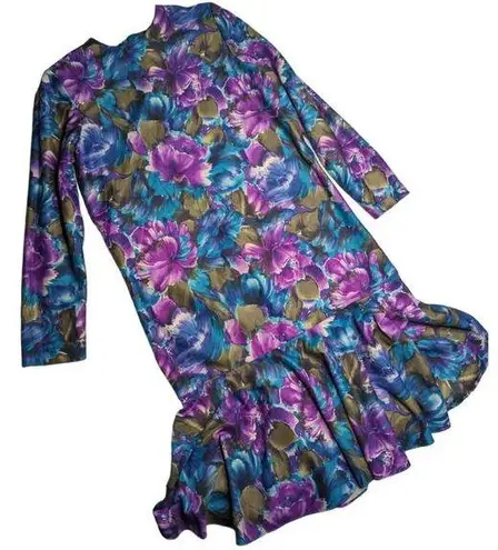 Vtg 1980s Green Purple Floral Felt Drop Waist Ruffle Long Sleeve Midi Dress 10