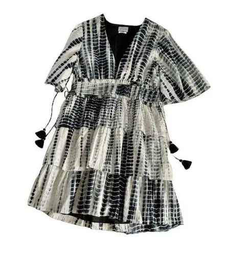 Saylor Syden Navy Tie Dye Gold Metallic V-neck Tiered Boho Mini Dress Large