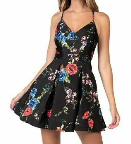 B. Smart Black Floral V-Neck Inverted Pleat Party Skater Mini Dress Size 9