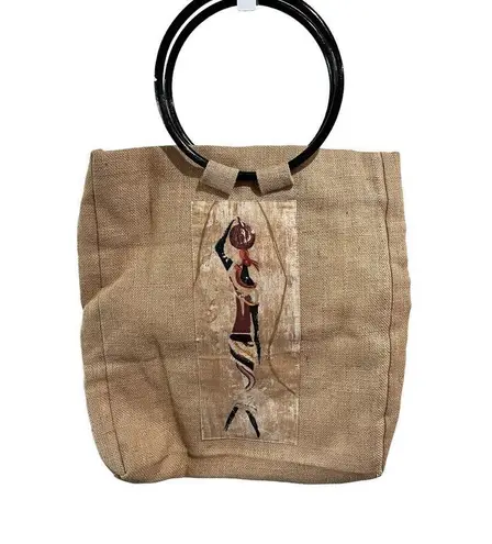 None African Print Large Boho Jute Tote & Wallet Round 9" Wooden Handles Cottage Gift