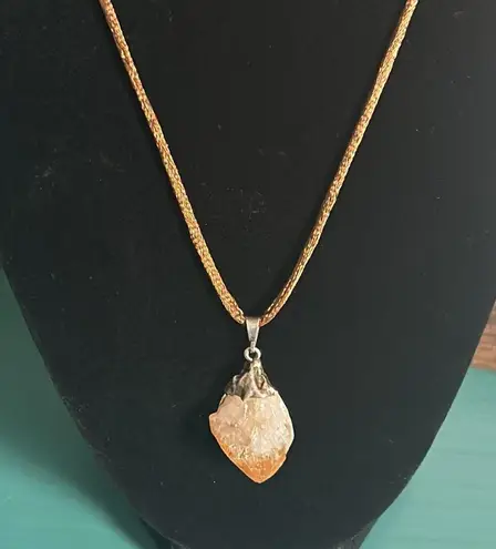 Vintage Dyed Agate Raw Citrine Orca Agate Pendants with Brown Silk Cord Necklace Silver