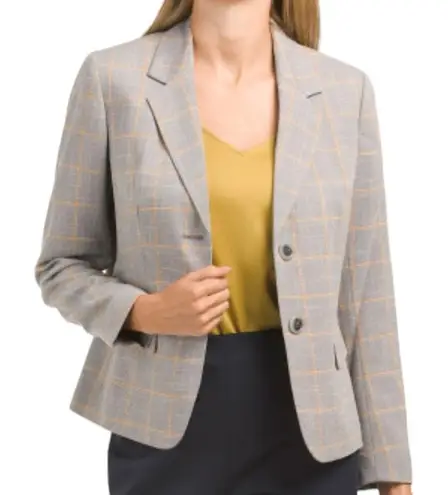 KASPER Plaid Notch Lapel Long Sleeve Flap Pocket Coordinating Two Button Jacket Gray Size 16