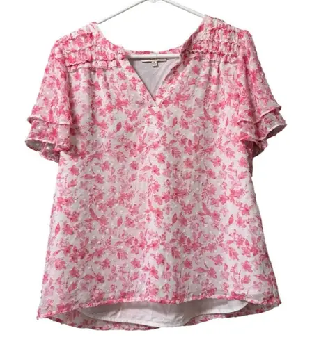 Skies Are Blue Skies Are Blue White and Pink Floral Print Smocked Flutter Sleeve Blouse Medium