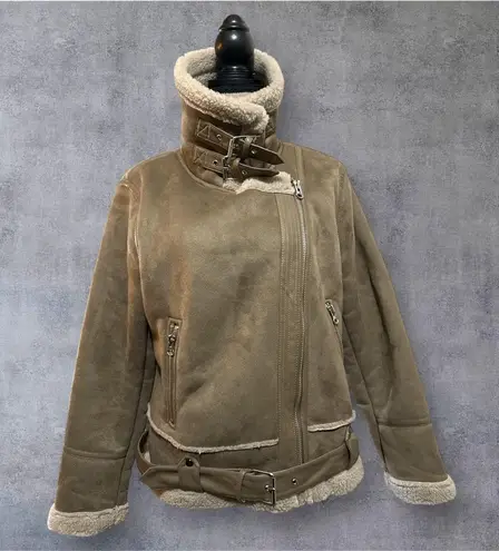 ZARA Shearling Rider's Jacket Double Boa Brown Beige sz XL