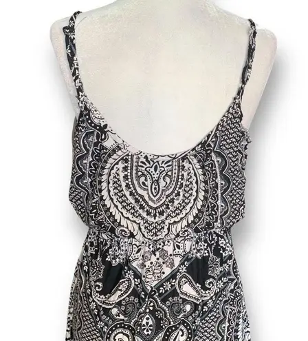 Angie  Dress White Black Sleeveless Paisley Print Asymmetrical Handkerchief Hem