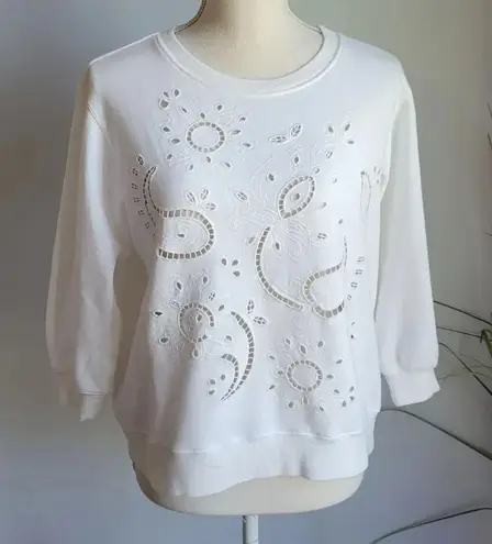 Johnny Was , New, Dani White Eyelet Paisley Oversized Crewneck Sweatshirt Small