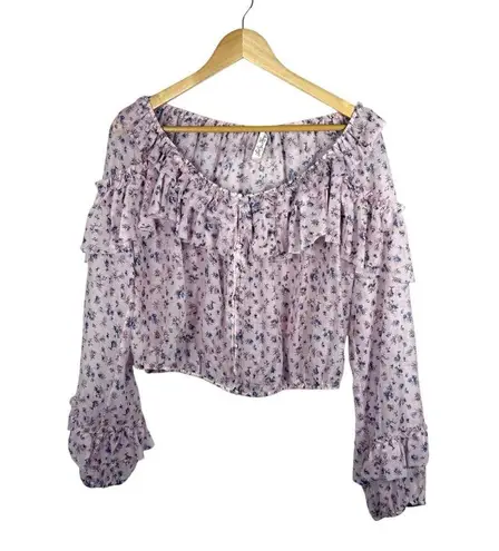 Love Shack Fancy  Women’s Silk Ruffle Romantic Floral Blouse Pink/Purple L thumbnail 3