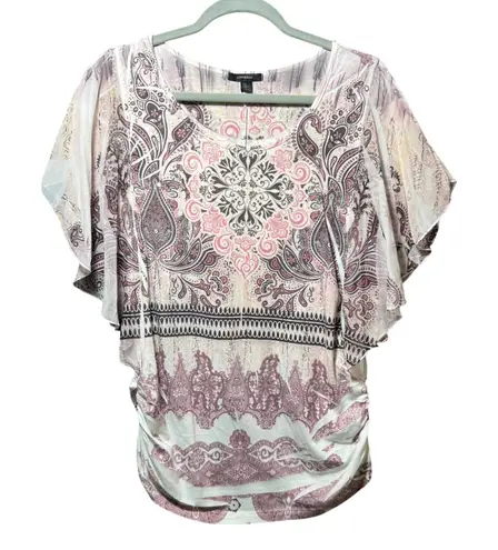 Espresso Paisley Flutter Sleeve Ruched Tunic Top Sheer Overlay Pink Beige L Size L