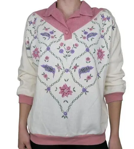 Vintage 80s G.W. Floral Pearl Corduroy Collared Sweatshirt Size M