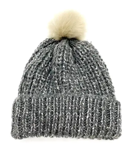 Knit Beanie Hat Rib Knit Gray Faux Fur Pom Pom Unisex OS One Size Winter