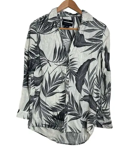 Tahari Black/Ivory Floral Tropical Leaf Pattern Linen Button up Shirt size S